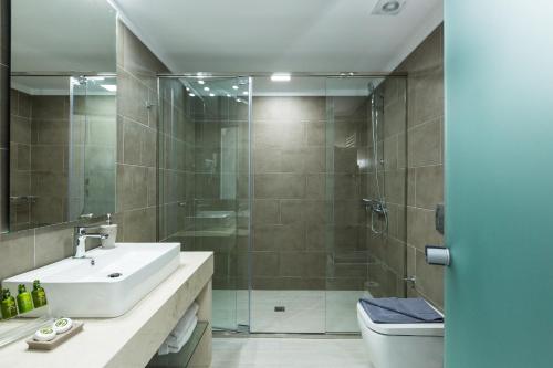 a bathroom with a shower and a sink and a toilet at Sun and Sea Plus Resort in Plaka