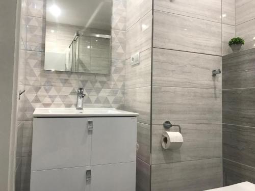 a bathroom with a sink and a toilet paper roll at Moderný Byt Pri Pešej Zóne in Martin