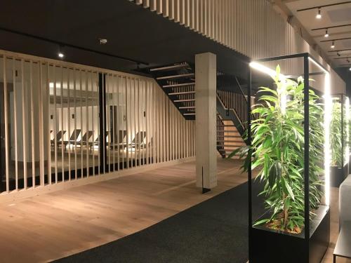 a hallway with chairs and a plant in a building at Mariandl am Meer in Binz