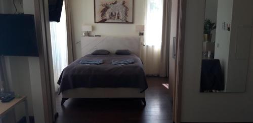 ティハニにあるTIHANY (BALATON), BEST VIEW, SPACIOUS WELLNESS, CENTRAL , 50m BEACHの小さな部屋のベッド1台が備わるベッドルーム1室