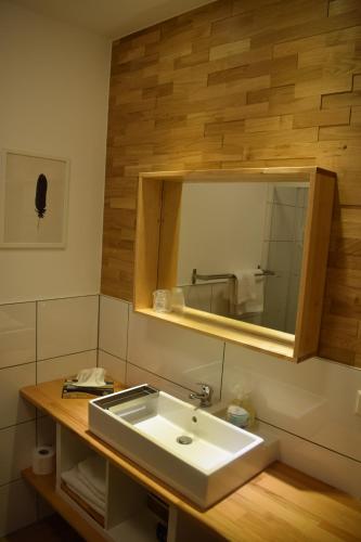 a bathroom with a sink and a mirror at Apartmenthaus Erlenbach in Erlenbach
