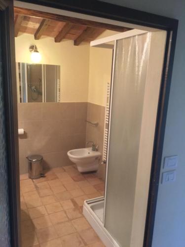 een badkamer met een douche en een toilet. bij Godiolo in Montepulciano