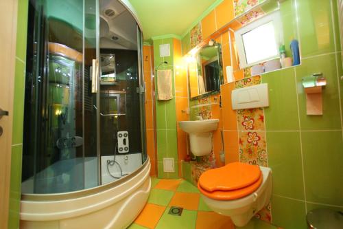 a green and orange bathroom with a toilet and a shower at SC Accommodation & Entertainment SRL in Timişoara