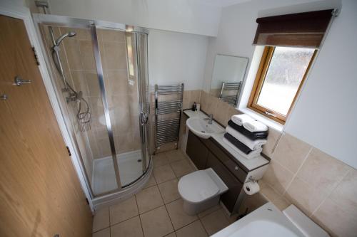 a bathroom with a shower and a toilet and a sink at Loch Lomond Waterfront Luxury Lodges in Balmaha
