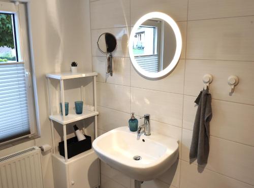 W łazience znajduje się umywalka i lustro. w obiekcie Gemütliches Apartment mit WLAN in ruhiger Lage! w mieście Dielmissen