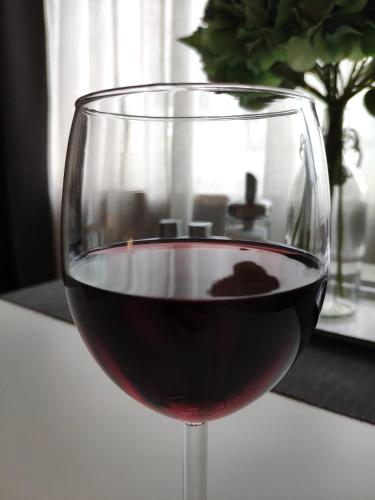 a glass of red wine sitting on a table at Gemütliches Apartment mit WLAN in ruhiger Lage! in Dielmissen