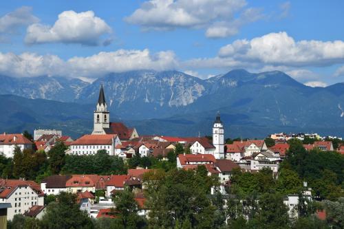 a city with buildings and mountains in the background at COMFY and BRIGHT Apartment in Kranj
