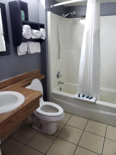 a bathroom with a toilet and a sink and a tub at Topaz Motel - Flagler Beach in Flagler Beach