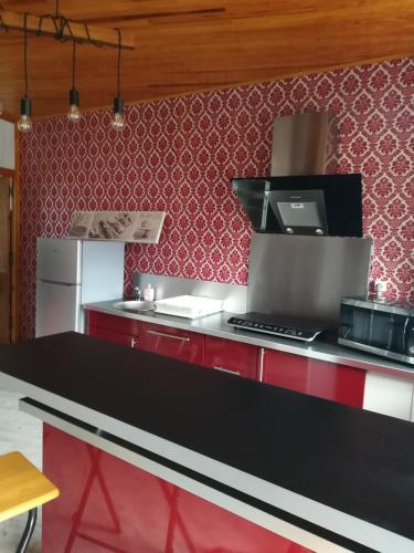 une cuisine avec des murs rouges et un comptoir rouge dans l'établissement Appartement au coeur de la maurienne, à Saint-Étienne-de-Cuines