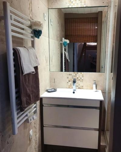une salle de bain avec un lavabo et un miroir dans l'établissement Le Jas des Vignes, à Lirac