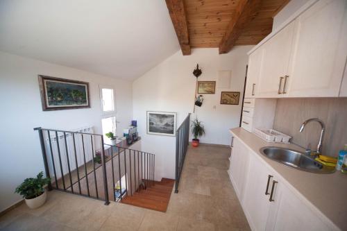 uma cozinha com um lavatório e uma escada num quarto em Vida`s house em Virpazar