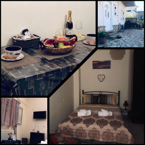 a collage of four pictures of a room with a bed at See and City Apartment in Aigio