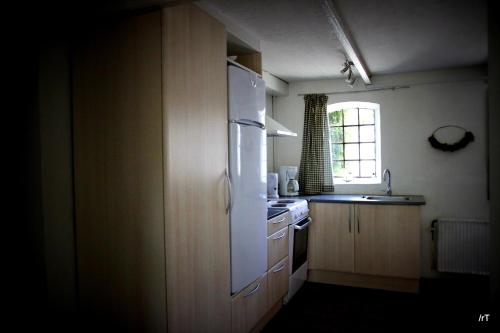 a kitchen with a white refrigerator and a sink at Stutteri Skandihest Apartments in Billund