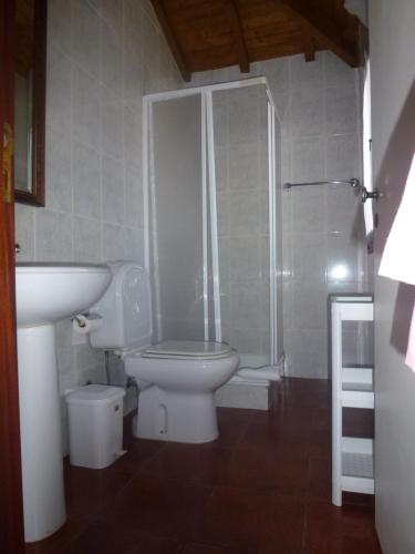 a bathroom with a toilet and a shower and a sink at Home of pilgrims d`Apúlia in Apúlia