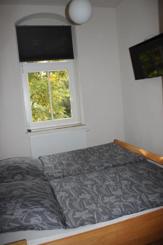 a bed in a room with a window at Ferienwohnung Goldgrund15 in Meißen