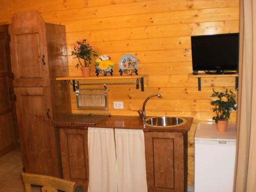 una cocina con fregadero en una cabaña de madera en Cantuccio, en Cengio