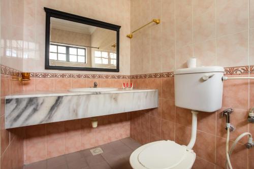 uma casa de banho com um WC, um lavatório e um espelho. em Hotel Home 88 em Teluk Intan
