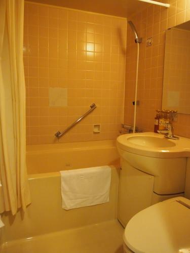 a bathroom with a toilet and a tub and a sink at Art Hotel Hirosaki City in Hirosaki