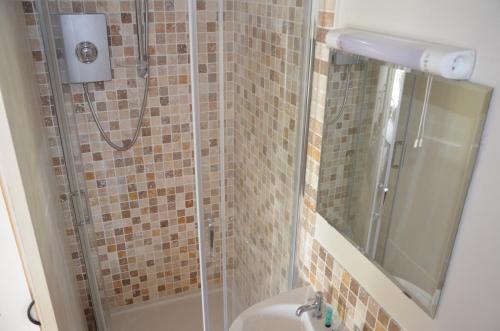 a bathroom with a shower and a toilet at White Horse Inn Pulverbatch in Shrewsbury