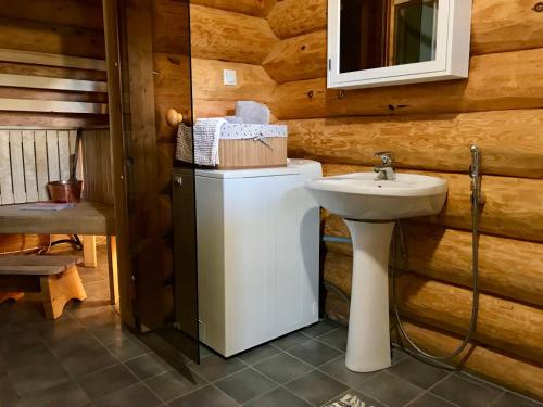 a bathroom with a sink in a wooden wall at Pähkli Seaside Cottage with Cozy Outdoor Patio in Kõiguste