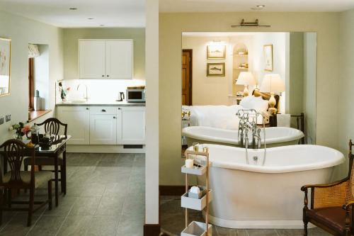 a bathroom and a living room with a tub and a kitchen at The Apple Rooms - Houghton Lodge in Stockbridge