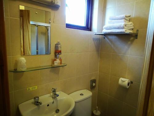a bathroom with a sink and a toilet and a mirror at The Chlachain Inn in Mallaig