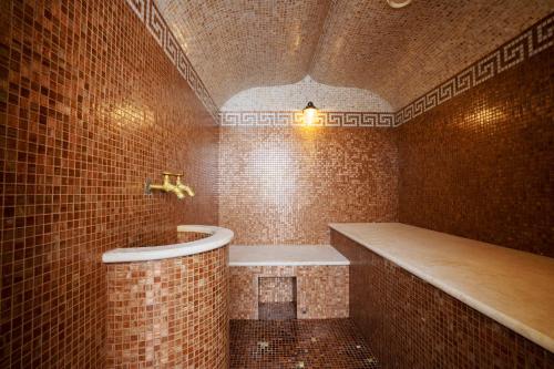 a brown tiled bathroom with a tub and a sink at Maxima Slavia Hotel in Moscow