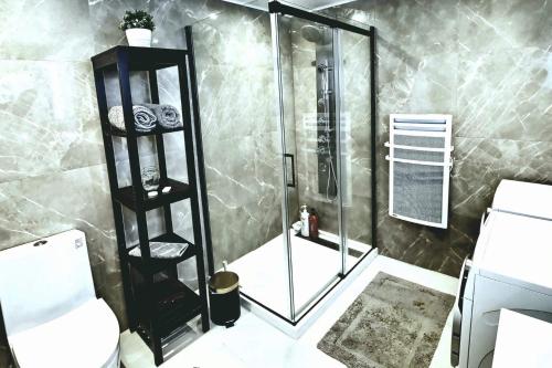 a bathroom with a shower with a glass door at Cosy apartment at Bossuet road in Montréal