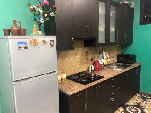 a kitchen with a white refrigerator and a sink at Hotel Victoria in Yerevan