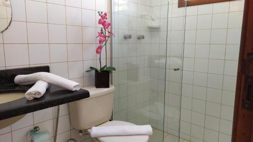 uma casa de banho com um WC e uma cabina de duche em vidro. em Mestre Lord Apart Hotel em Porto Seguro