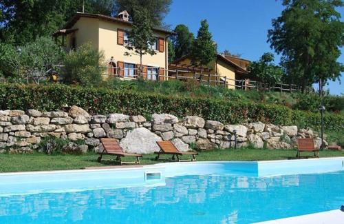 MontecchioにあるOrizzonte Casa Vacanzeの家の前に椅子2脚付きプールがあります。