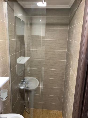 un baño con lavabo y ducha en Apartman Daca, en Podgorica