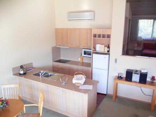 a kitchen with a counter and a sink and a refrigerator at Gipsy Point Lakeside in Gipsy Point
