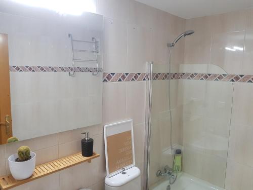 un bagno con doccia, WC e lavandino di Calma House a Saragozza