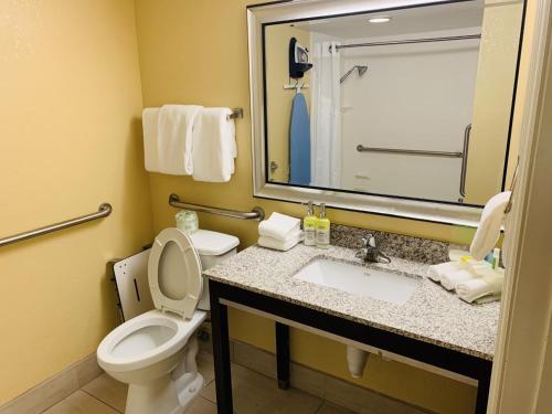 Holiday Inn Express Tallahassee, an IHG Hotel في تالاهاسي: حمام مع مرحاض ومغسلة ومرآة