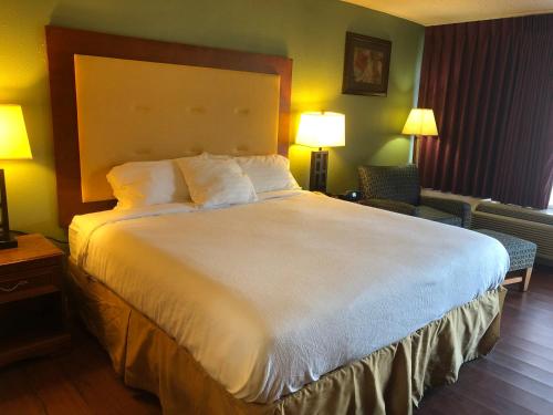 Express Airport Inn في ساندستون: سرير كبير في غرفة الفندق مع مصباحين