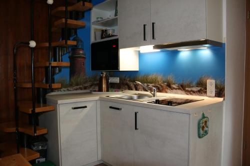 Ferienwohnung Wiesenblick في بريرو: مطبخ مع حوض وحائط ازرق