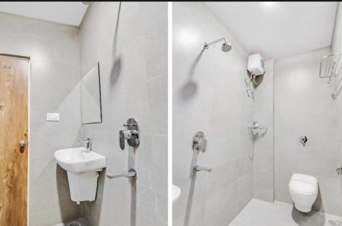 two pictures of a bathroom with a toilet and a sink at Hotel Star Zest House in Nagpur