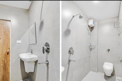 2 immagini di un bagno con servizi igienici e lavandino di Hotel Star Zest House a Nagpur