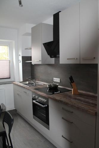 a kitchen with white cabinets and a stove top oven at SchlafSchön Monteurunterkunft Böhlen in Böhlen