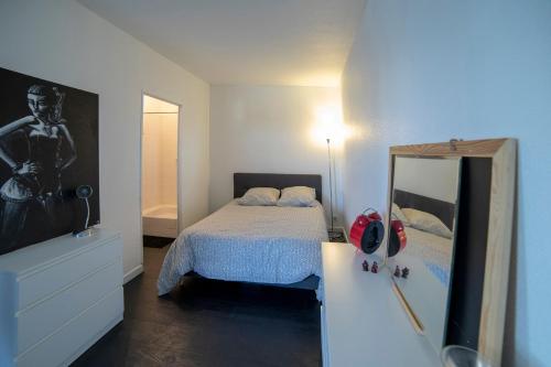 a small bedroom with a bed and a mirror at PROCHE BORDEAUX APPARTEMENT 75 M2 ROOFTOP in Bruges