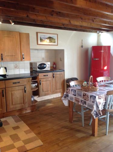 uma cozinha com uma mesa e um frigorífico vermelho em Tyisha em Cardigan