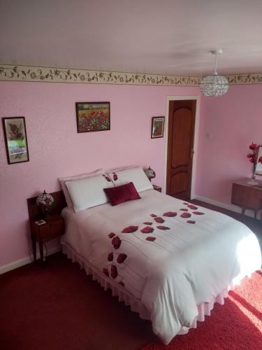 a bedroom with a large white bed with pink walls at Lower Balwill in Buchlyvie