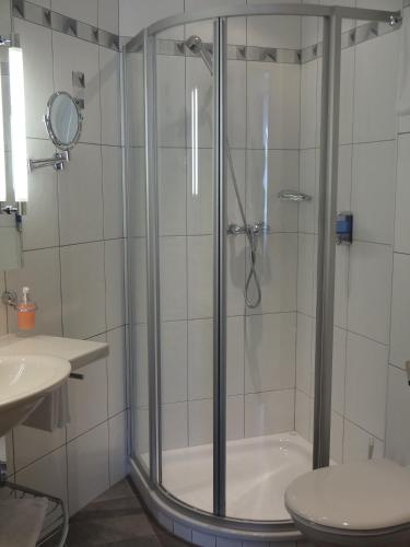 a bathroom with a shower with a toilet and a sink at Appartements Feehof in Saas-Fee