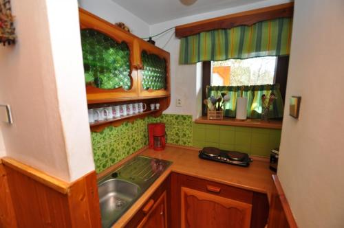 uma pequena cozinha com um lavatório e uma janela em Chata Mila em Pecka