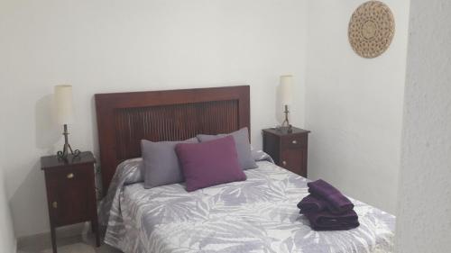 コルドバにあるPATIO POMPEYOSのベッドルーム1室(紫色の枕とナイトスタンド付)