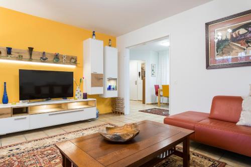 uma sala de estar com um sofá vermelho e uma televisão em Modern, Cozy Large Apartment with Terrace in Basel- Allschwil em Allschwil