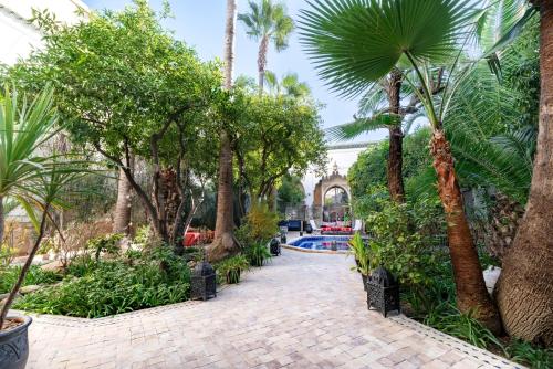 einen Innenhof mit Palmen und einem Pool in der Unterkunft Riad Laila in Marrakesch