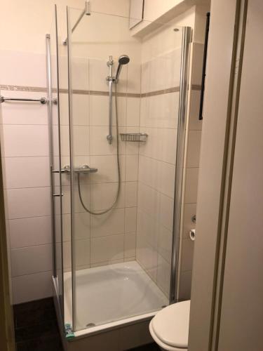 uma casa de banho com um chuveiro e um WC. em Apartment Sophia em Seefeld no Tirol