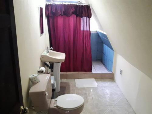 a bathroom with a pink shower curtain and a toilet at Hotel La Colina in Manuel Antonio